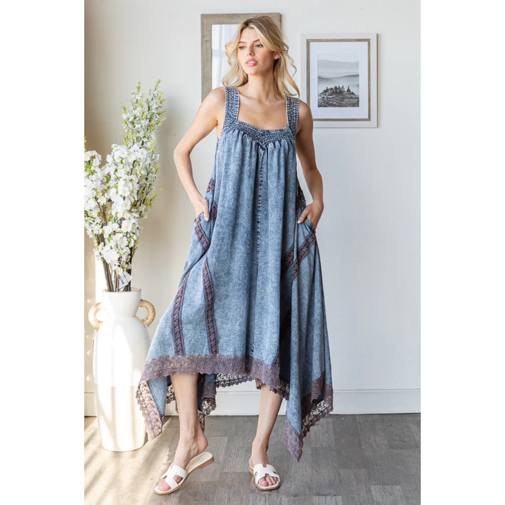 Oli & Hali Washed Denim Romper | Tencel Lace Trim Pockets